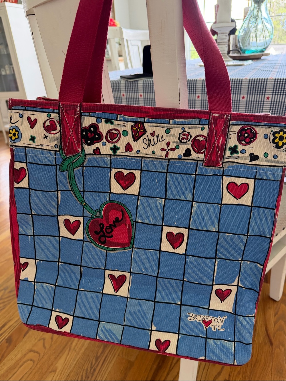 Brighton Blue and Pink Love Sparkle Tote with Bow and Patchwork Hearts - Picture 3 of 13